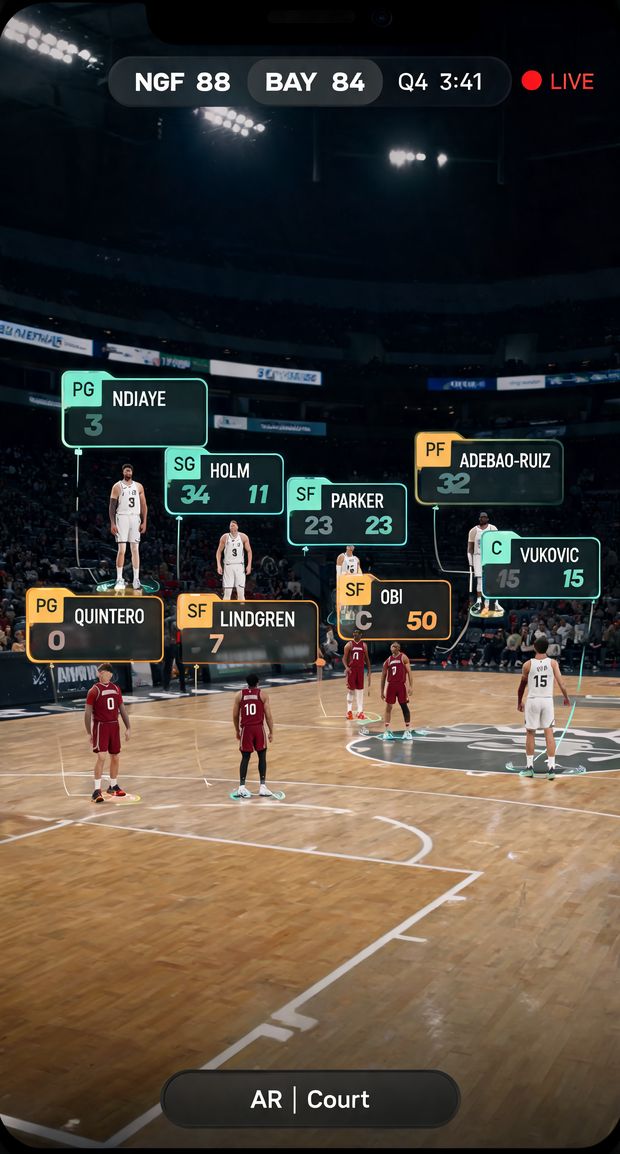 Spotter XR basketball concept: the five players on the court with name cards.